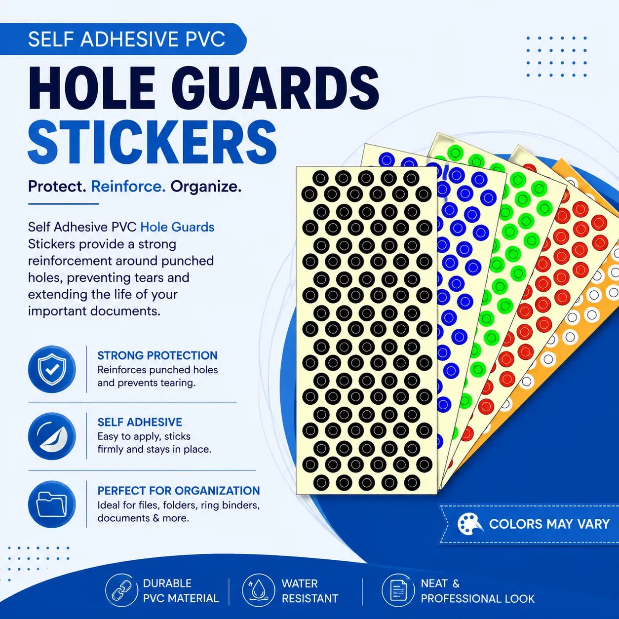 Self-Adhesive PVC Hole Guard Stickers – Sheet of 500 or 1000 | Reinforcing Rings for Files & Papers