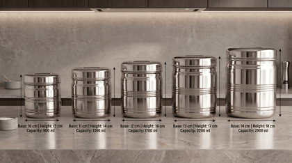 WEKTU Stainless Steel Kitchen Storage Container Dabba Set of 5 (900ml - 2900ml) 