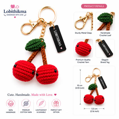 LOBITHIKMA Handmade Crochet Cherry Keychain | Cute Red Cherry Bag Charm, Purse & Backpack Accessory