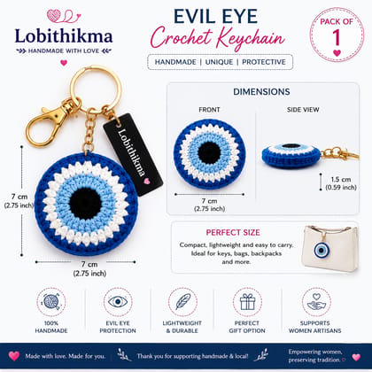 LOBITHIKMA Handmade Crochet Evil Eye Keychain | Blue & White Nazar Bag Charm | Cute Key Ring for Bags, Purses & Keys