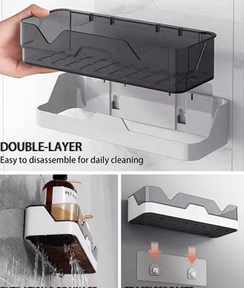 Self-Adhesive Plastic Bathroom Rack Wall Mounted Shelf - Bundle of 2