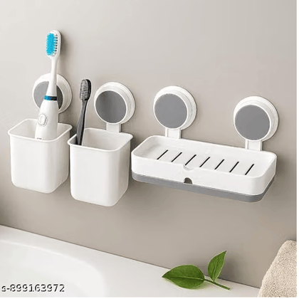 Wall Mounted 2 Toothbrush & 1 Soap Holder with Drain Tray - Bundle of 2