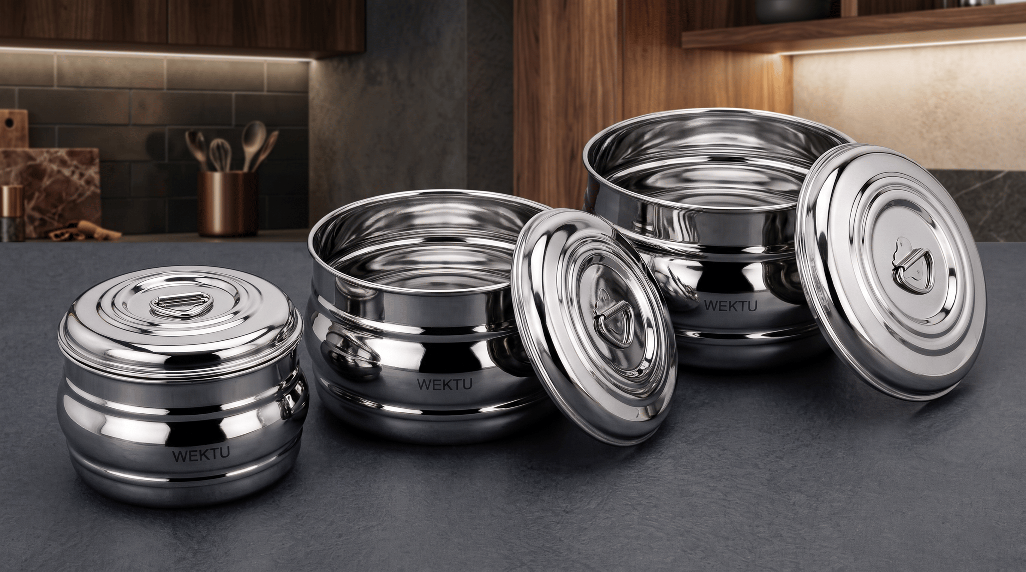 WEKTU Stainless Steel Belly Shape Puri Dabba Set of 3