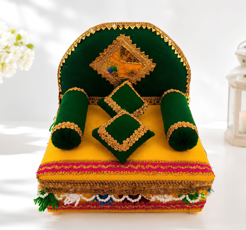 Wooden Laddu Gopal Sinhasan Cum Sofa with 2 Bolster & 2 Square Pillows | Green & Golden