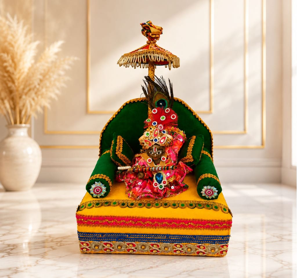 Wooden Sofa Cum Sinhasan for Laddu Gopal with Velvet Cushion, 2 Bolster & 2 Square Pillows