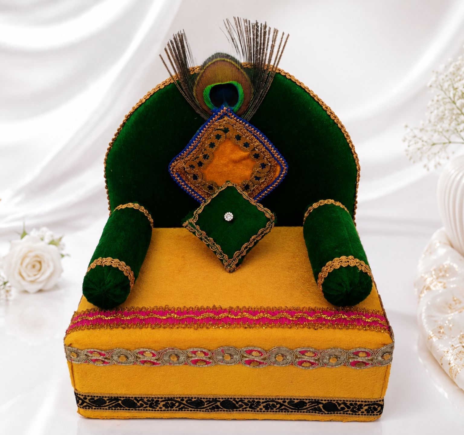 Handcrafted Wooden Sofa Cum Sinhasan for Laddu Gopal, Velvet Cushioned with 3 Pillows