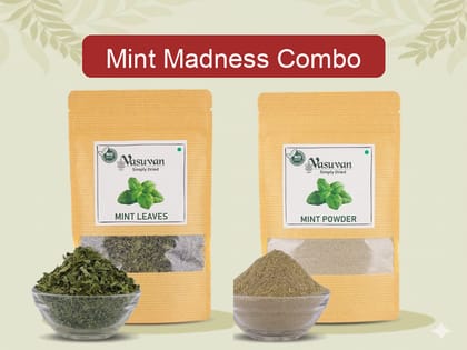 Vasuvan Mint Madness | Dried Mint Leaves (40g) + Mint Powder (100g) Vasuvan Mint Madness | Dried Mint Leaves (40g) + Mint Powder (100g)