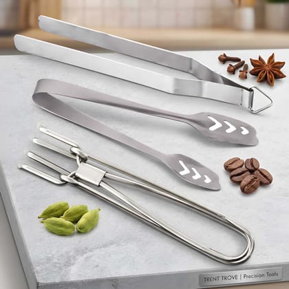 Heavy Duty Stainless Steel Kitchen Utility Tool Combo | Rust Resistant & Dishwasher Safe | Tong, Chimta, Pakkad & Lifter Multi-Purpose Kitchen Tools Set (3 Pcs Pack)