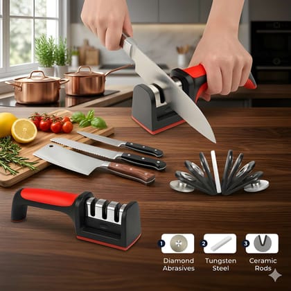 Rockfield Professional Knife Sharpener | 3 Stage Advanced Kitchen Knife Sharpening Tool | Manual Knife Sharpener for Chef Knives, Steel Knives & Kitchen Blades (Original)