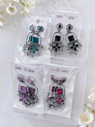 Trendy Oxidised Silver Jhumka Earrings Combo Pack of 4 | Multicolor Stone Studded Designer Jhumki for Women & Girls