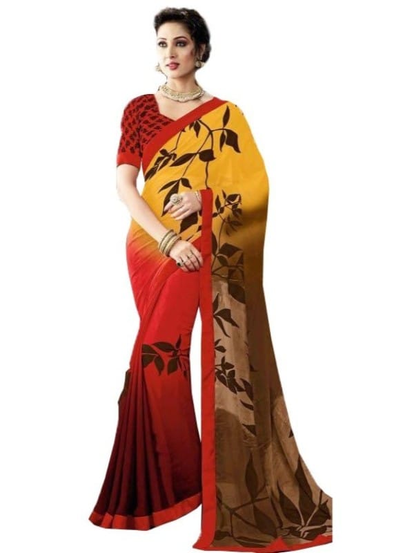 Generic Womens Georgette Digital Printed Saree (Red, Yellow, 6.25  Mtr)