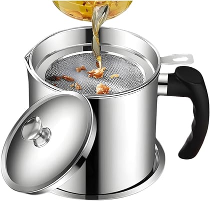 Heavy Duty Stainless Steel Oil Strainer Pot | Cooking Oil Storage Container with Removable Fine Filter | Reusable Grease Can with Lid & Heat-Resistant Handle | Kitchen Oil Filter & Storage Container (Original)