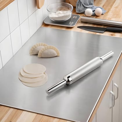 Heavy Duty Stainless Steel Chopping Cutting Pad with Rolling Pin | 35 × 31 CM Stainless Steel Cutting Board | Multipurpose Kitchen Chopping Board & Dough Rolling Board | Food Preparation Board for Cutting, Chopping & Rolling (Original)