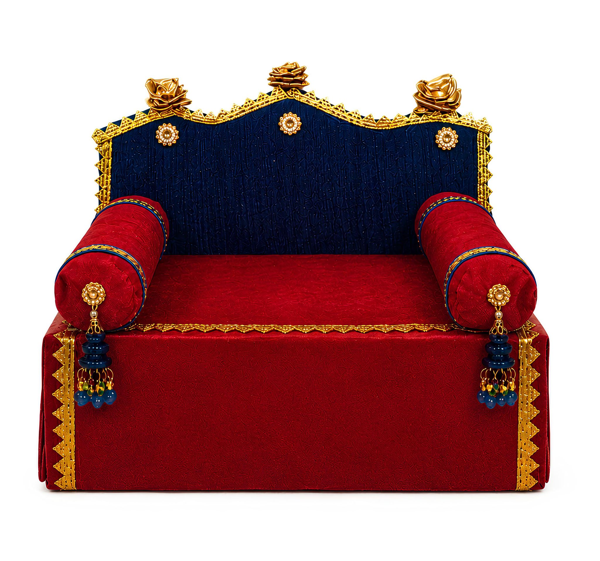 Handcrafted Royal Blue & Red Wooden Sofa Cum Sinhasan with Cushioned Pillows for Laddu Gopal