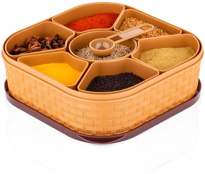 WUGO 7-Piece Plastic Masala Box with Spoons | Kitchen Spice Storage Container Set | Multipurpose Masala Dabba for Salt, Spices, Herbs & Dry Ingredients | Brown Spice Organiser Box (Original)