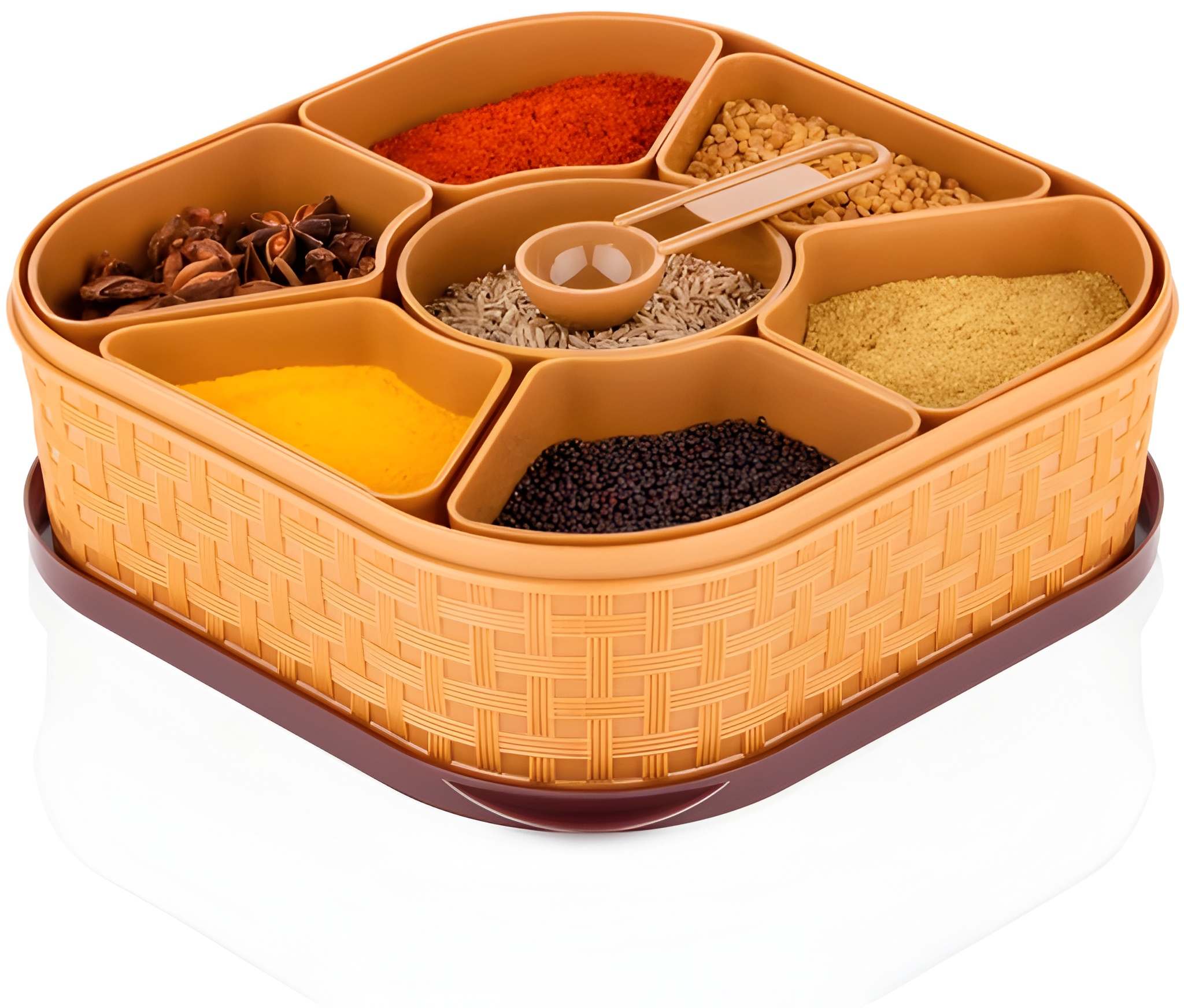 WUGO 7-Piece Plastic Masala Box with Spoons | Kitchen Spice Storage Container Set | Multipurpose Masala Dabba for Salt, Spices, Herbs & Dry Ingredients | Brown Spice Organiser Box (Original)