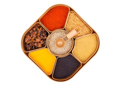 WUGO 7-Piece Plastic Masala Box with Spoons | Kitchen Spice Storage Container Set | Multipurpose Masala Dabba for Salt, Spices, Herbs & Dry Ingredients | Brown Spice Organiser Box (Original)