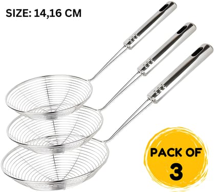 Heavy Duty Stainless Steel Wire Skimmer Spoon Ladle Set of 3 | Frying Oil Strainer Jhara with Long Handle | Deep Fry Skimmer Spoon for Pakora, Puri, Samosa, Fries & Kitchen Cooking (Original)
