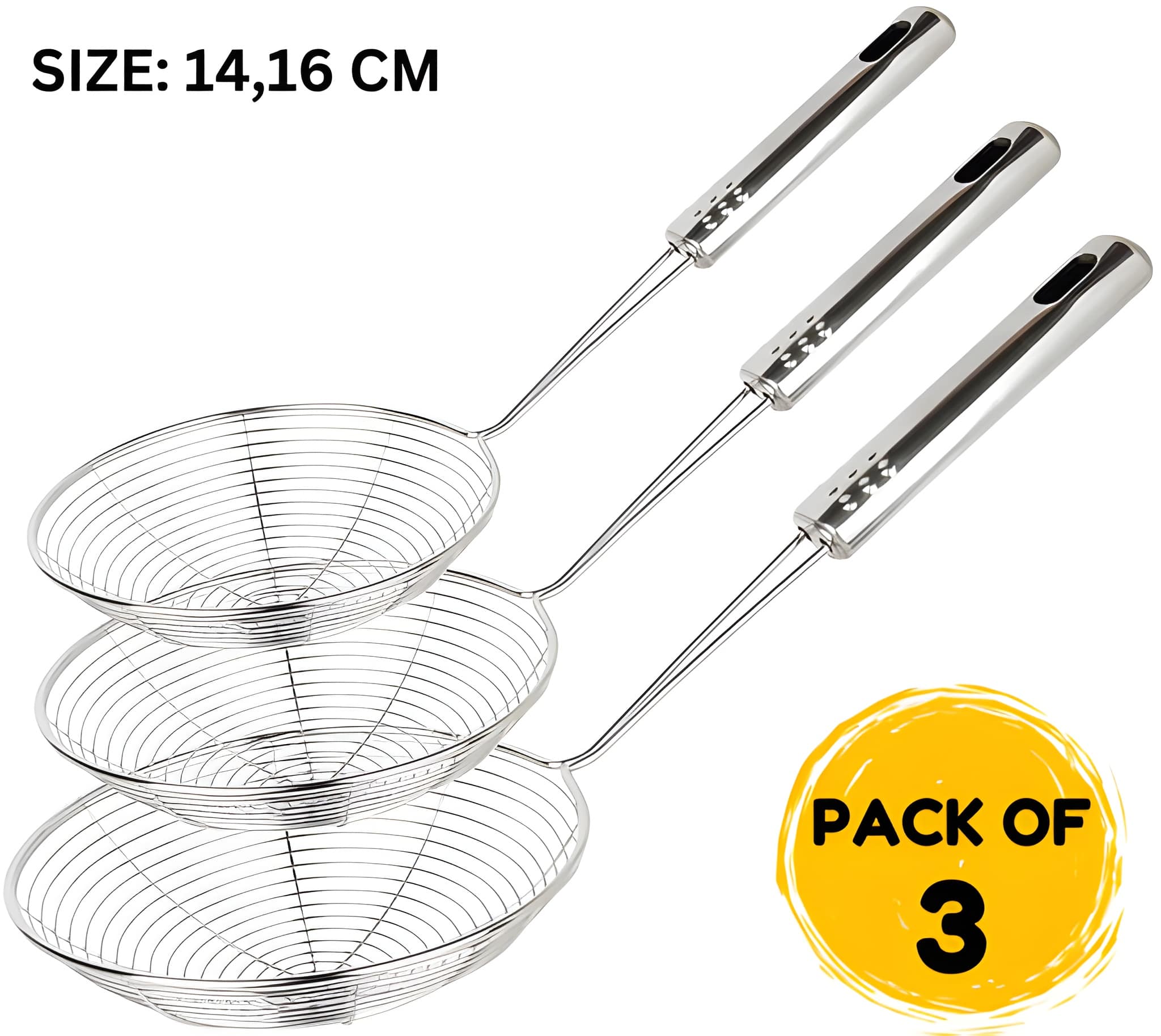 Heavy Duty Stainless Steel Wire Skimmer Spoon Ladle Set of 3 | Frying Oil Strainer Jhara with Long Handle | Deep Fry Skimmer Spoon for Pakora, Puri, Samosa, Fries & Kitchen Cooking (Original)