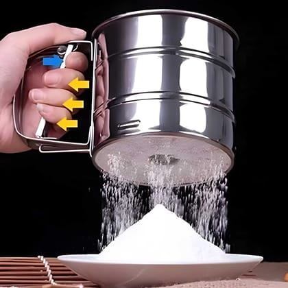 Heavy Duty Stainless Steel Flour Sifter Shaker Cup | Manual Baking Sieve with Measuring Scale Markings | Fine Mesh Flour & Icing Sugar Sifter for Cake, Cookies, Baking & Kitchen (Original) 