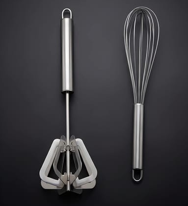 Heavy Duty Hand Push Rotary Whisk Blender & Stainless Steel Balloon Wire Whisk Combo | Manual Egg Beater, Lassi & Buttermilk Mixer | Hand Push Blender for Whisking, Beating, Mixing & Stirring | 2-Piece Kitchen Tool Set (Original)