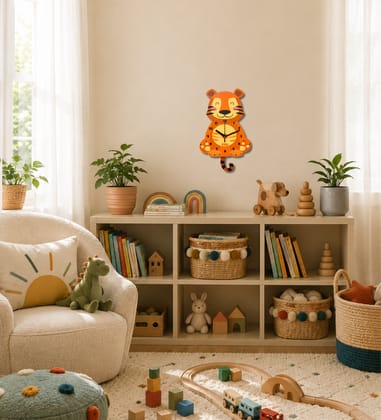 LOLAC Leo Tiger Wooden Pendulum Wall Clock for Kids, 5+ Years
