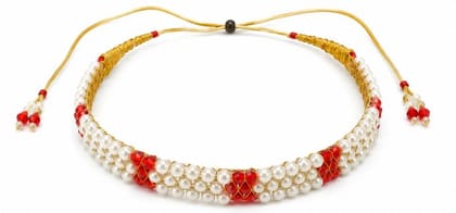 Women’s Red & White Pearl Moti Mala Necklace with Golden Mauli Thread
