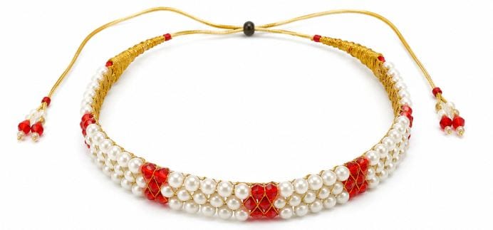 Women’s Red & White Pearl Moti Mala Necklace with Golden Mauli Thread