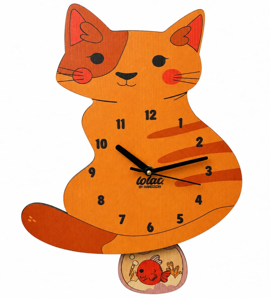 LOLAC Mimi Cat Wooden Pendulum Wall Clock for Kids, 5+ Years