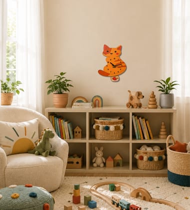 LOLAC Mimi Cat Wooden Pendulum Wall Clock for Kids, 5+ Years