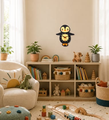 LOLAC Pingu Penguin Wooden Pendulum Wall Clock for Kids, 5+ Years