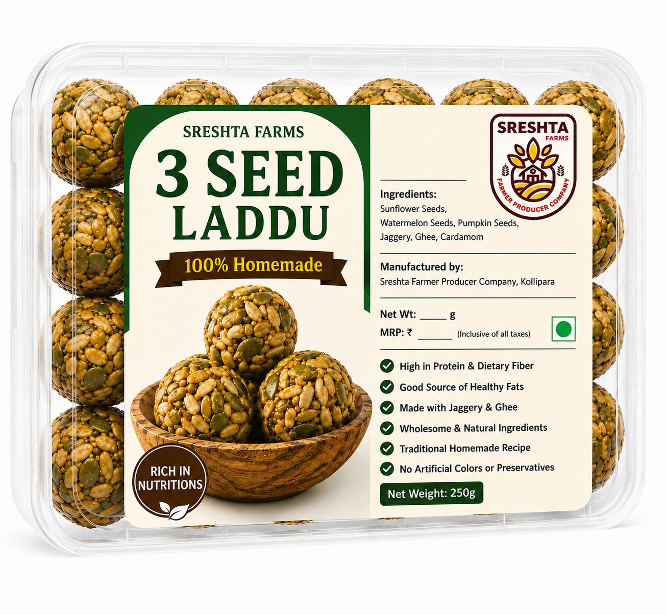 Sreshta Farms 3 Seeds Laddu | Pumpkin, Watermelon & Sunflower Seeds | Traditional Indian Sweet