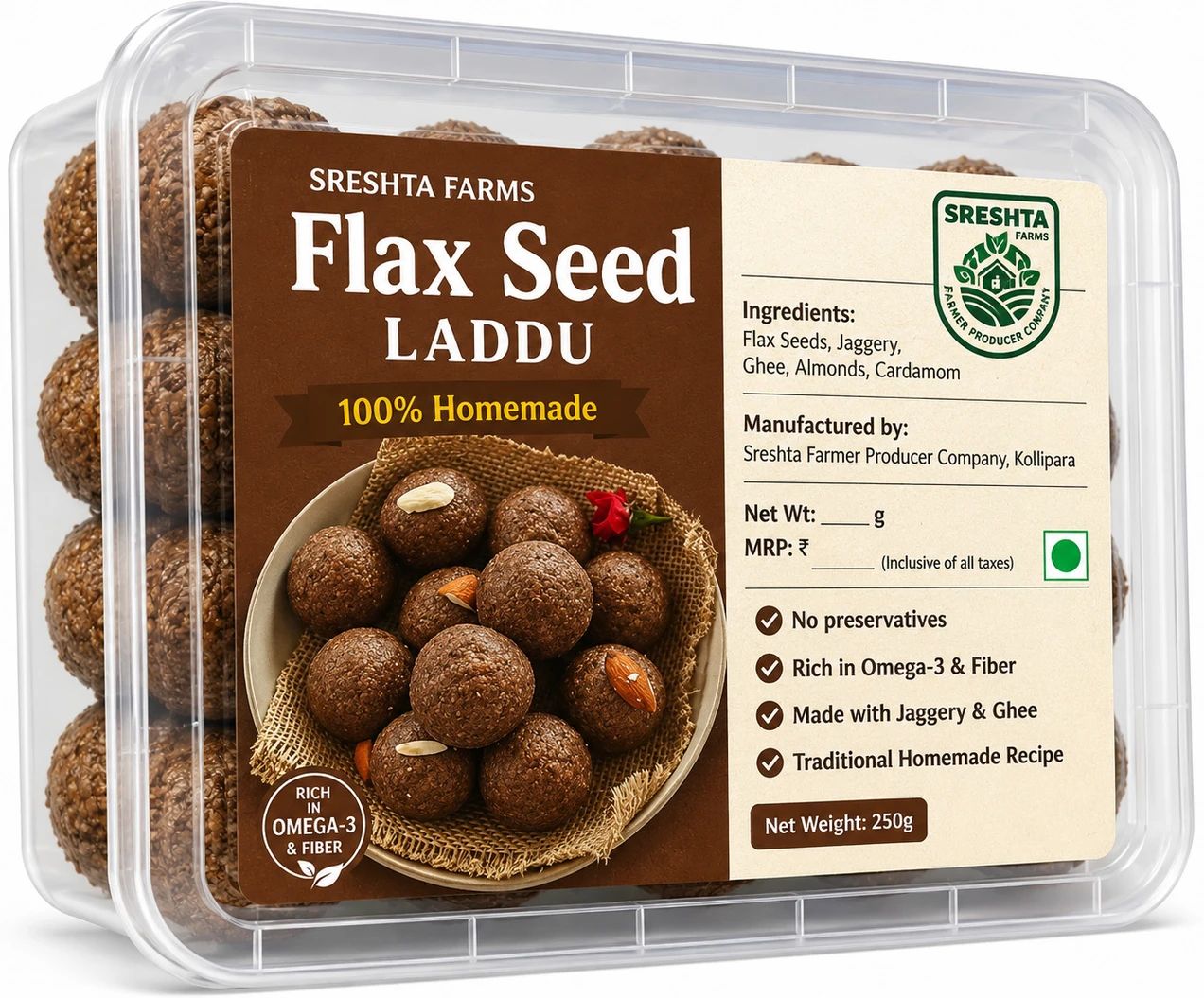 Sreshta Farms Flax Seed Laddu 250g | Traditional Indian Sweet | Flax Seeds & Jaggery Laddu