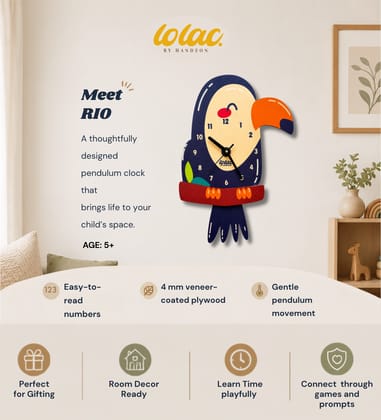 LOLAC Rio Toucan Wooden Pendulum Wall Clock for Kids, 5+ Years
