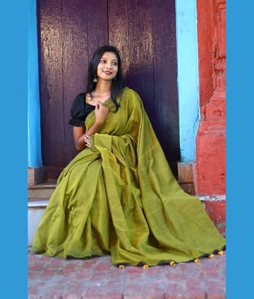 SARADA HANDLOOM Cotton Solid Saree With Unstitched Blouse Piece ( Yellow )