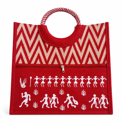 Red Jute Tote Handbag with Chevron Pattern and Warli Art