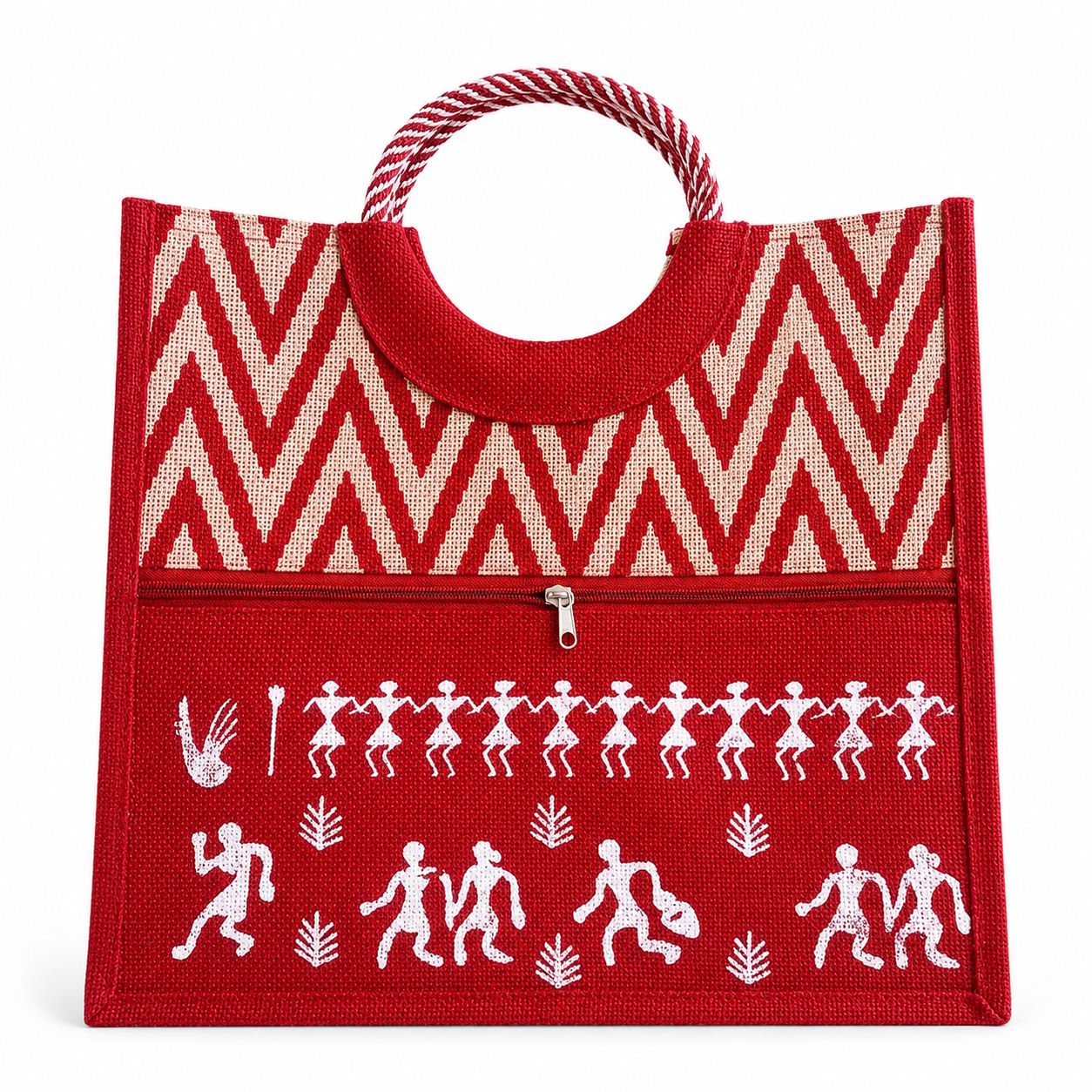 Red Jute Tote Handbag with Chevron Pattern and Warli Art