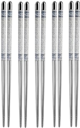 Heavy Metal Stainless Steel Chopsticks Set of 5 Pairs | Reusable Metal Chop Sticks | Lightweight & Easy Grip Dining Utensils for Noodles, Sushi, Rice, Snacks & Asian Food | Dishwasher Safe (Original)