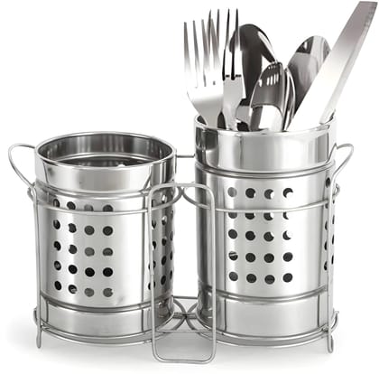 Heavy Metal Cutlery Stand Duo Holder | Multipurpose Kitchen Spoon & Utensil Organizer Rack | 2-Section Storage Holder for Spatula, Knife, Fork, Spoon & Chopsticks | Tabletop Kitchen Organiser (Original)