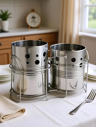 Heavy Metal Cutlery Stand Duo Holder | Multipurpose Kitchen Spoon & Utensil Organizer Rack | 2-Section Storage Holder for Spatula, Knife, Fork, Spoon & Chopsticks | Tabletop Kitchen Organiser (Original)