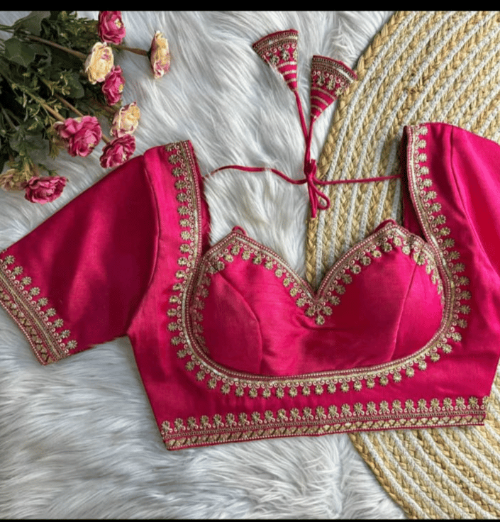 Hot Pink Silk Sweetheart Neck Blouse with Golden Embroidery