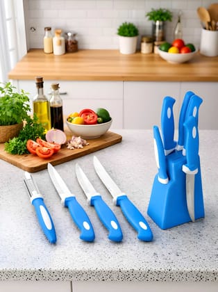 Heavy Duty Kitchen Knife Set with Stand | 4-Piece Stainless Steel Kitchen Knife Set with 1 Vegetable Peeler | ABS Plastic Knife Holder Stand | Multipurpose Cutting Tools for Vegetable, Fruit & Kitchen Use (Original)