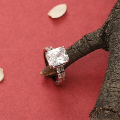 925 Sterling Silver Cushion Cut Solitaire Ring with Baguette Side Stones for Women | Statement CZ Diamond Look Ring