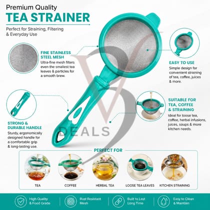 V3Deals Tea Filter Strainer with Fine Stainless Steel Mesh Plastic Body Reusable Quality plastic body with stainless steel mesh helps filter tea leaves; ergonomic handle and hanging hole add convenience.