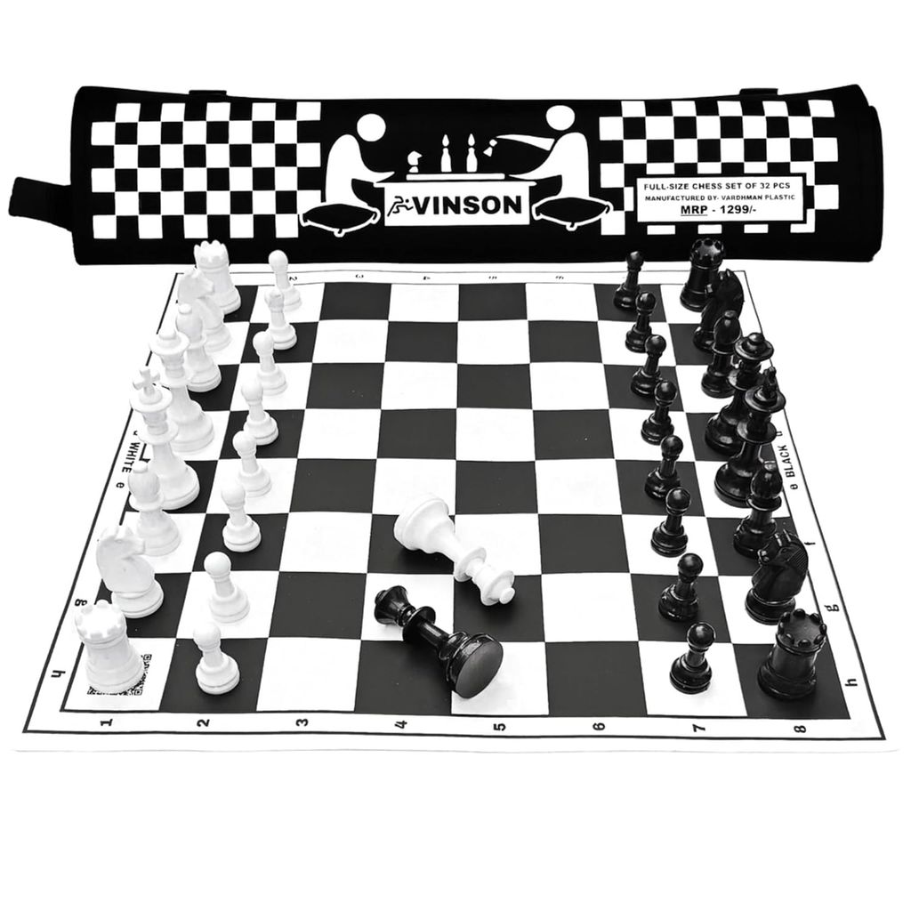 Vinson Tournament Chess Set with Vinyl Foldable Roll-up Black & White Matt, 32 Big Solid Plastic Heavy Weight Pieces & 2 Extra Queens with Storage Bag, Size - 17" by 17"