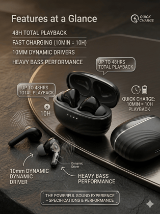 Wireless Bluetooth Earbuds with Fast Pairing, Hi-Fi Stereo Sound, Touch Control, Type-C Charging Case, TWS Earphones for Calling, Gaming & Music