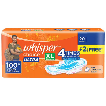 Whisper Choice Ultra Sanitary Pad - Xl, 20 Pcs (Get 2 Pads Free) Whisper Choice Ultra Sanitary Pad - Xl, 20 Pcs (Get 2 Pads Free)