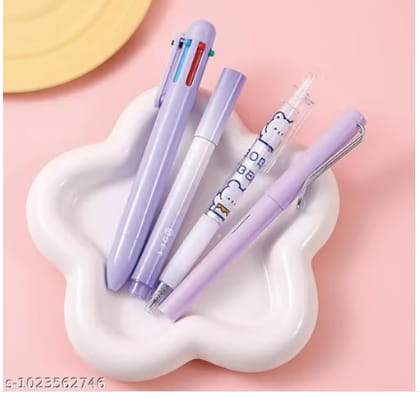 7 Pcs Cute Stationery Set Kawaii School Supplies Office Supplies Including Ballpoint Pens Pencil Sharpener Highlighter Correction Tape Ruler Utility Knife (Purpul)