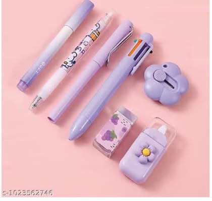 7 Pcs Cute Stationery Set Kawaii School Supplies Office Supplies Including Ballpoint Pens Pencil Sharpener Highlighter Correction Tape Ruler Utility Knife (Purpul)