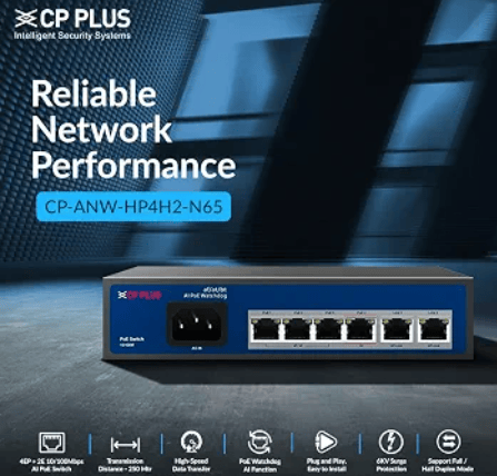 CP PLUS 4 Port PoE Switch CP-ANW-HP4H2-N65 with 2 Uplink Ports | 65W Total PoE Budget | 10/100 Mbps | 60W Max per PoE Port (BT) | 2 Years Warranty
